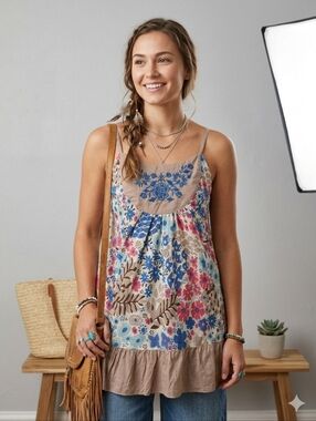 SKY AND SAND Babydoll Tank Top Womens Small Blue Beige Boho Floral Festival NEW